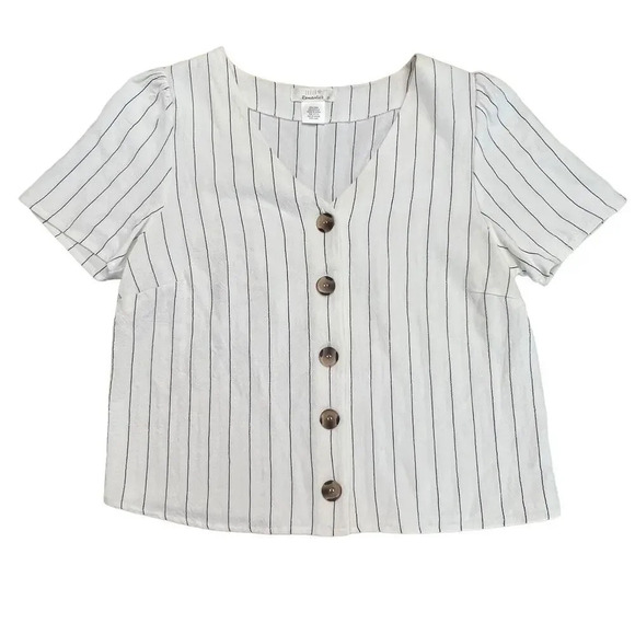 Urban Romantics Women's Small Striped‎ Linen Blend Cropped Button-Up Blouse - Picture 1 of 4